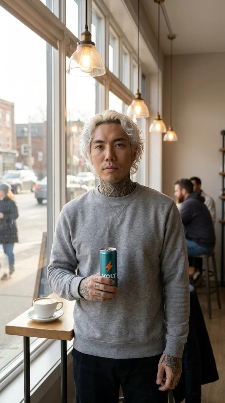 A persona holding a branded drink can at a cafe window