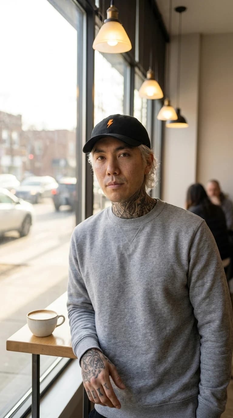 The same persona wearing a branded cap in the same cafe