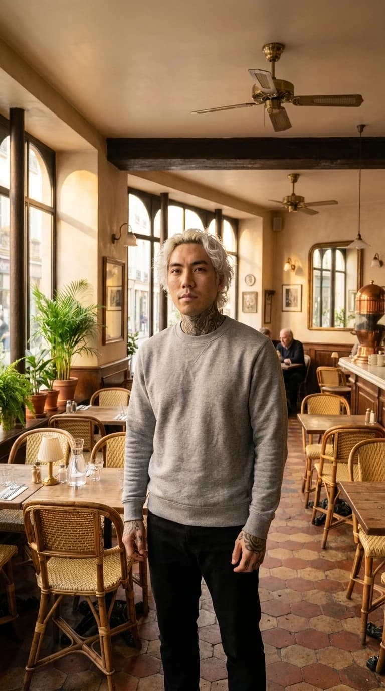 The same persona standing in a Parisian cafe interior